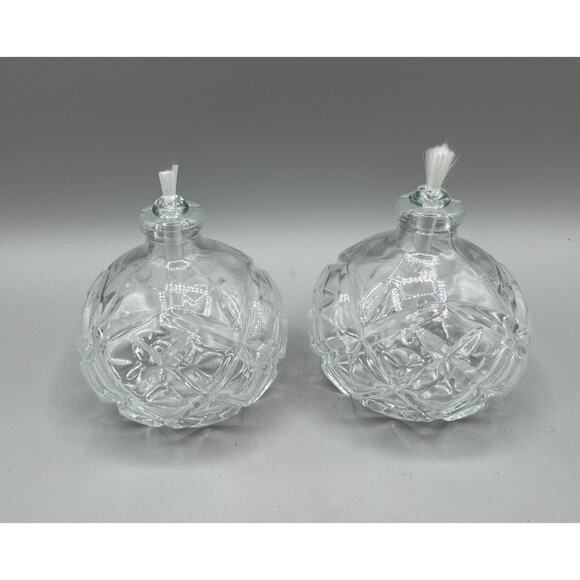 Pair of 2 Crystal Oil Lamps Clear Cut Glass Candle Wick Holder Insert - Picture 1 of 6